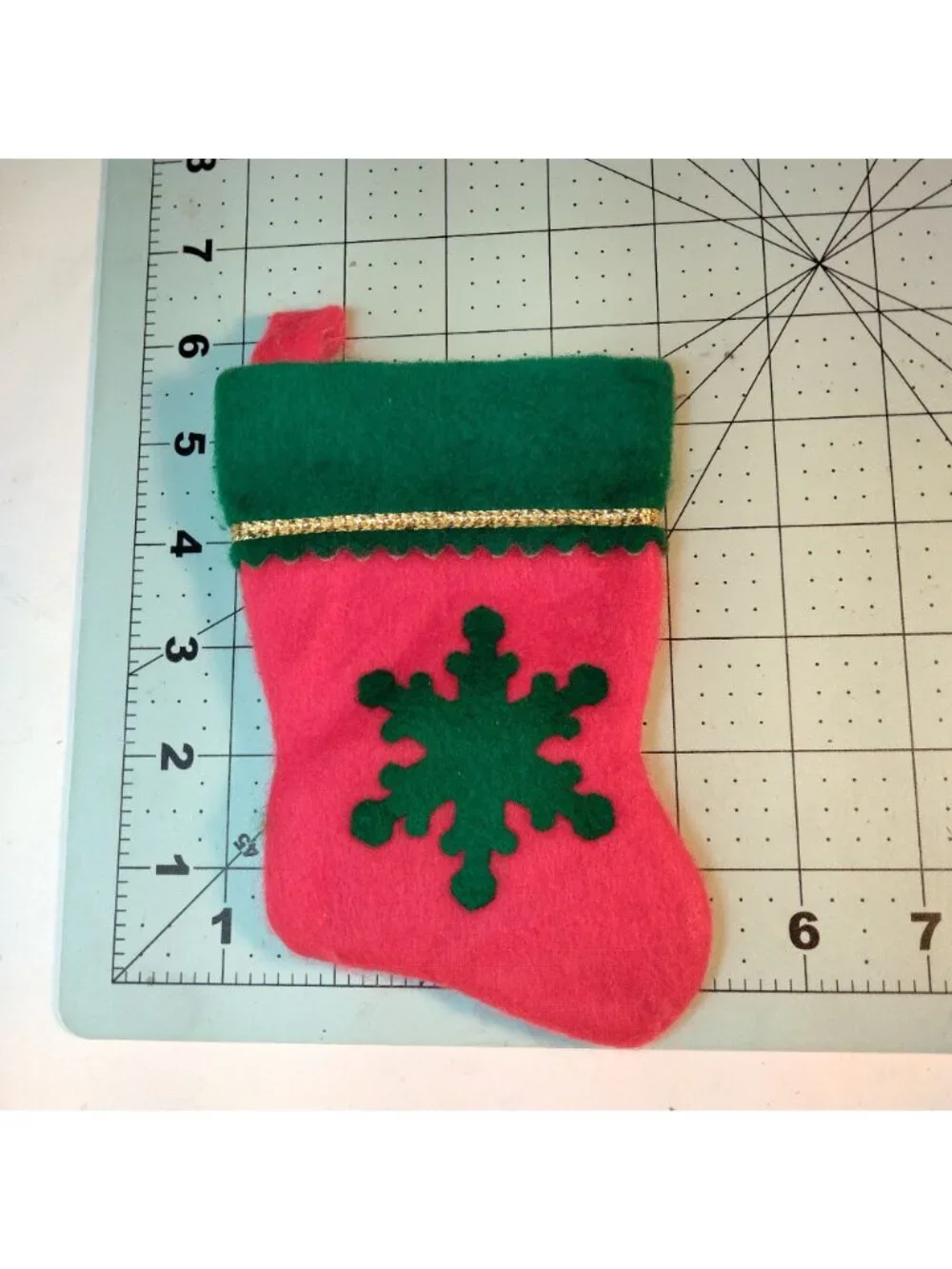 Mini Red Felt Christmas Stocking Green Snowflake Gold Trim 6 x 4 inch